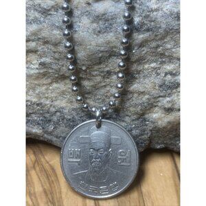 South Korea 100 Won Coin Pendant Unisex Necklace Admiral Yi Sun-sin Seoul. A1